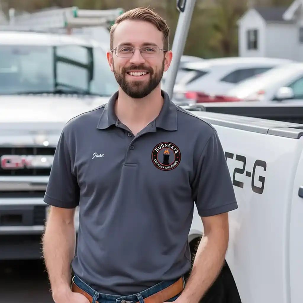 Jose Collins, owner of Burnsafe Chimney Sweepers, wearing company uniform